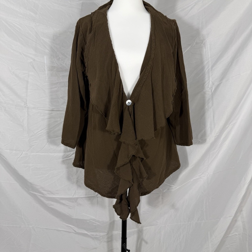Oh My Gauze Brown Waterfall Ruffle Cardigan Lagenlook Draped Artsy Boho Cotton